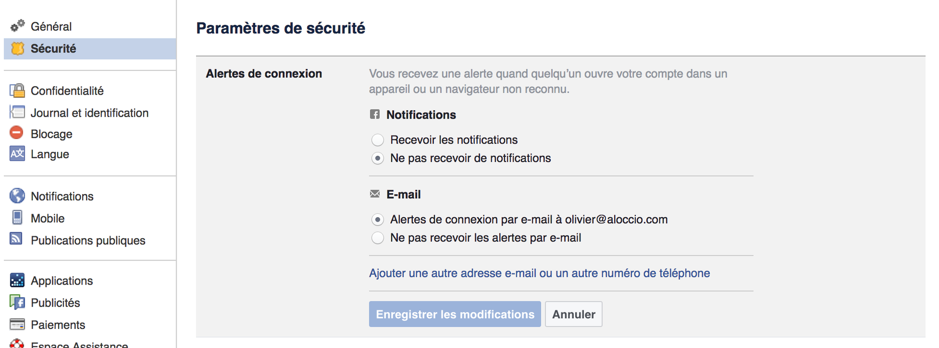 alerte de connexion facebook